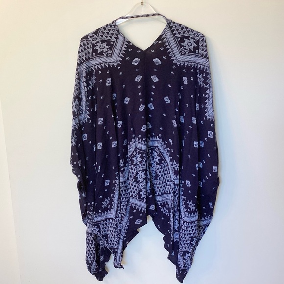 Soft Surroundings Geometric Aztec Print Crinkle Gauze Kimono - Blue - L - Picture 4 of 7